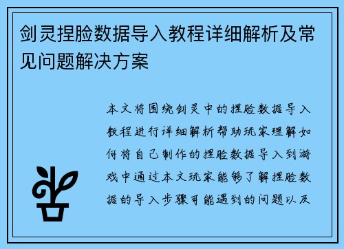 剑灵捏脸数据导入教程详细解析及常见问题解决方案